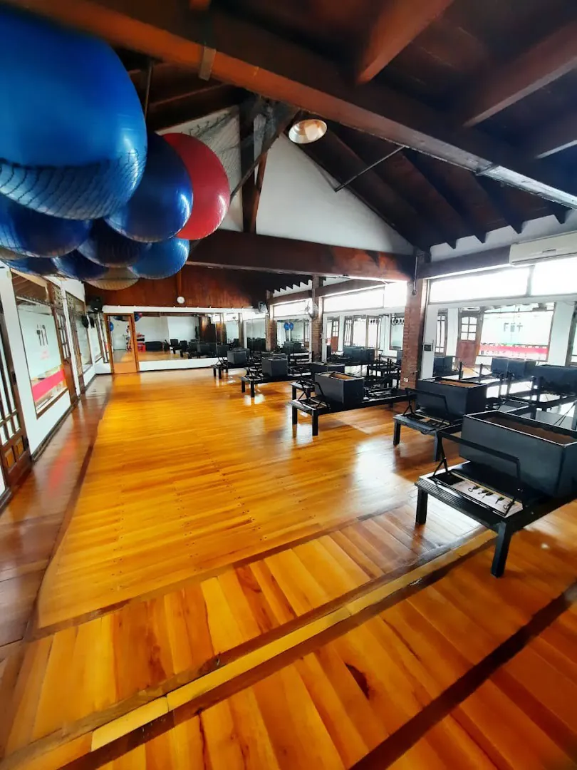 El salón de reformer con pelotas de pilates colgadas, bajo el techo de madera